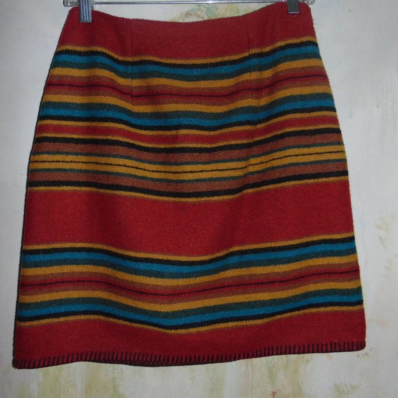 Vtg 90s Express Aztec Wool Striped Mini Skirt Wrap Around Red Blue M 26” Waist - Picture 6 of 8